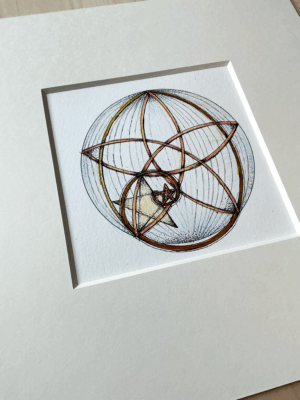 Pentagramm auf Weltkugel, Kunstdruck, 30 x 30 cm mit Passpartout